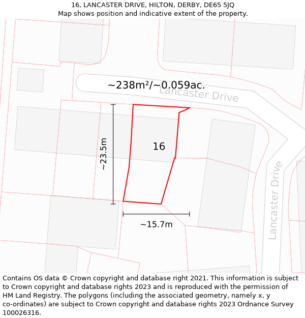 16, LANCASTER DRIVE, HILTON, DERBY, DE65 5JQ: Plot and title map