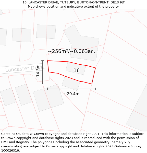 16, LANCASTER DRIVE, TUTBURY, BURTON-ON-TRENT, DE13 9JT: Plot and title map