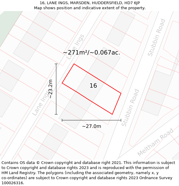 16, LANE INGS, MARSDEN, HUDDERSFIELD, HD7 6JP: Plot and title map