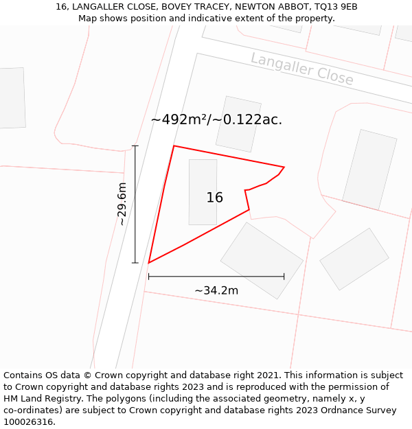 16, LANGALLER CLOSE, BOVEY TRACEY, NEWTON ABBOT, TQ13 9EB: Plot and title map