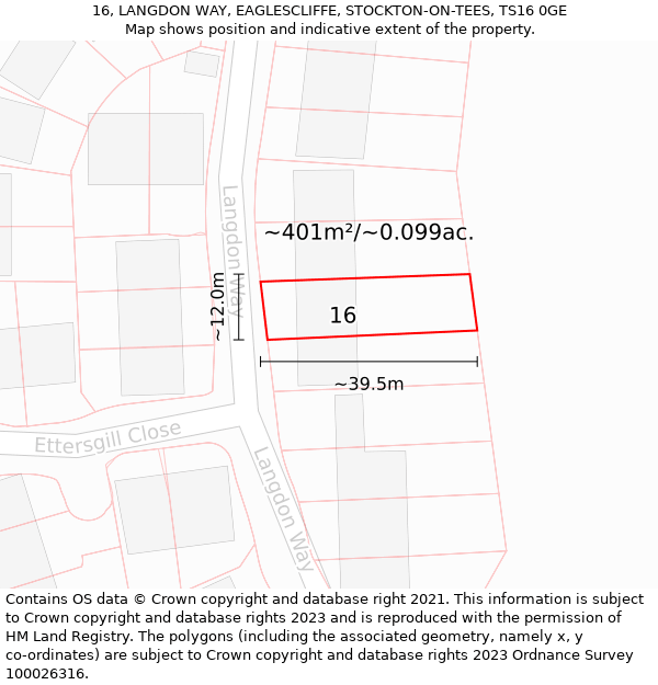 16, LANGDON WAY, EAGLESCLIFFE, STOCKTON-ON-TEES, TS16 0GE: Plot and title map