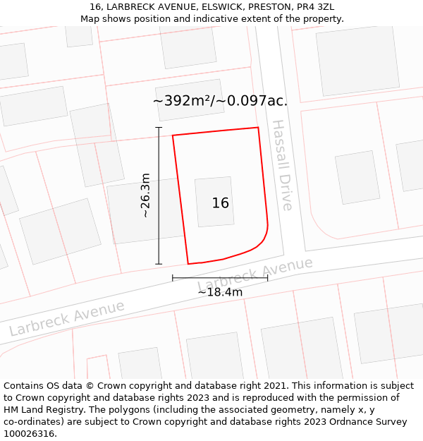 16, LARBRECK AVENUE, ELSWICK, PRESTON, PR4 3ZL: Plot and title map