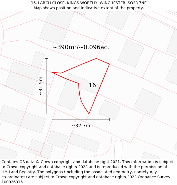 16, LARCH CLOSE, KINGS WORTHY, WINCHESTER, SO23 7NE: Plot and title map