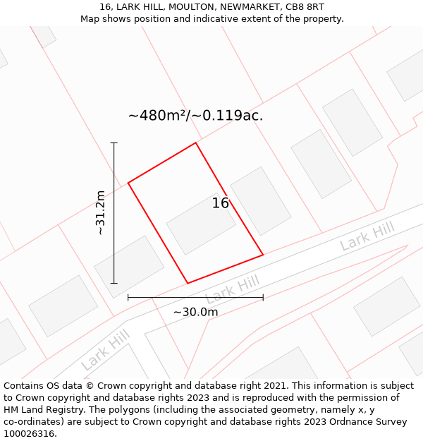 16, LARK HILL, MOULTON, NEWMARKET, CB8 8RT: Plot and title map