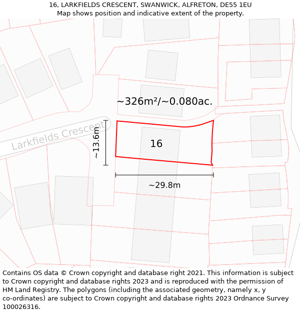 16, LARKFIELDS CRESCENT, SWANWICK, ALFRETON, DE55 1EU: Plot and title map