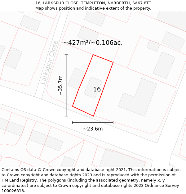 16, LARKSPUR CLOSE, TEMPLETON, NARBERTH, SA67 8TT: Plot and title map