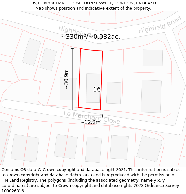 16, LE MARCHANT CLOSE, DUNKESWELL, HONITON, EX14 4XD: Plot and title map