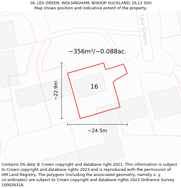 16, LEA GREEN, WOLSINGHAM, BISHOP AUCKLAND, DL13 3DU: Plot and title map