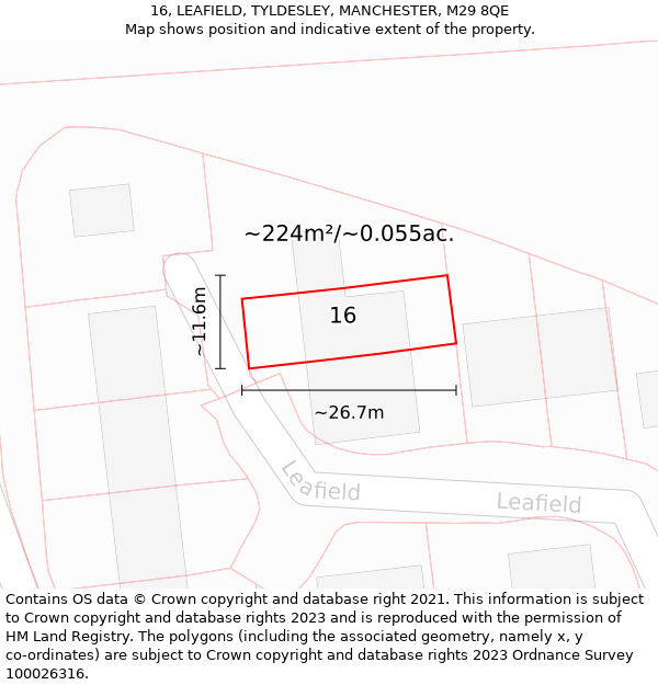 16, LEAFIELD, TYLDESLEY, MANCHESTER, M29 8QE: Plot and title map