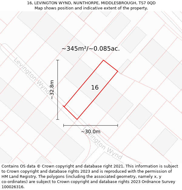 16, LEVINGTON WYND, NUNTHORPE, MIDDLESBROUGH, TS7 0QD: Plot and title map