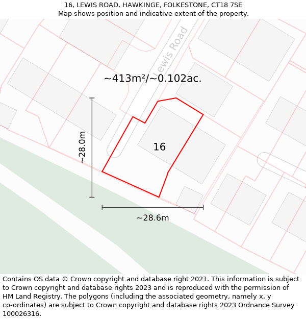 16, LEWIS ROAD, HAWKINGE, FOLKESTONE, CT18 7SE: Plot and title map