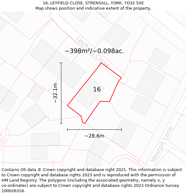 16, LEYFIELD CLOSE, STRENSALL, YORK, YO32 5XE: Plot and title map
