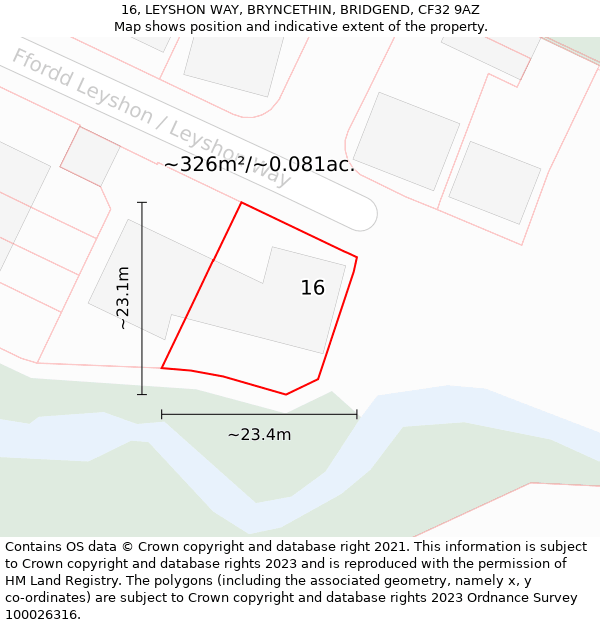 16, LEYSHON WAY, BRYNCETHIN, BRIDGEND, CF32 9AZ: Plot and title map