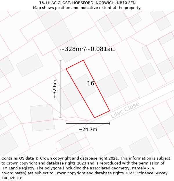16, LILAC CLOSE, HORSFORD, NORWICH, NR10 3EN: Plot and title map