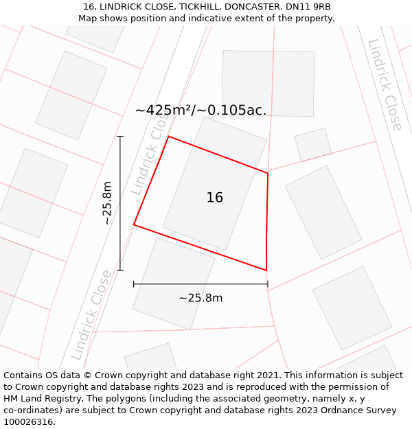 16, LINDRICK CLOSE, TICKHILL, DONCASTER, DN11 9RB: Plot and title map