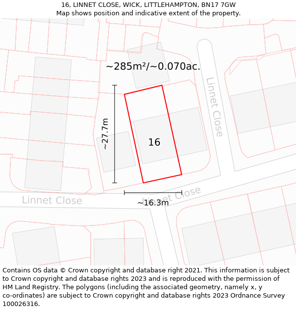 16, LINNET CLOSE, WICK, LITTLEHAMPTON, BN17 7GW: Plot and title map