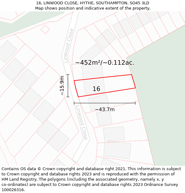 16, LINWOOD CLOSE, HYTHE, SOUTHAMPTON, SO45 3LD: Plot and title map