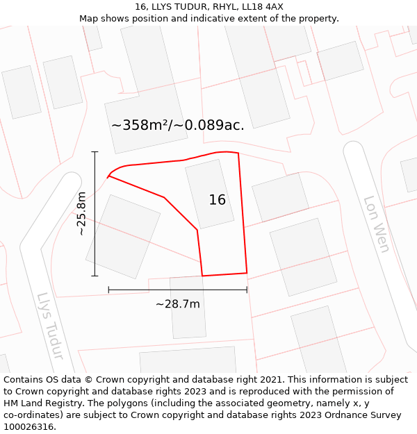 16, LLYS TUDUR, RHYL, LL18 4AX: Plot and title map