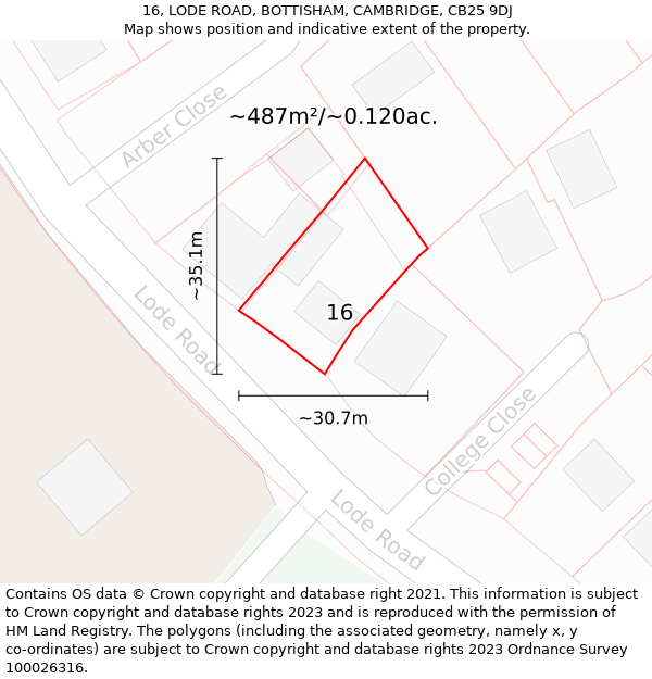 16, LODE ROAD, BOTTISHAM, CAMBRIDGE, CB25 9DJ: Plot and title map