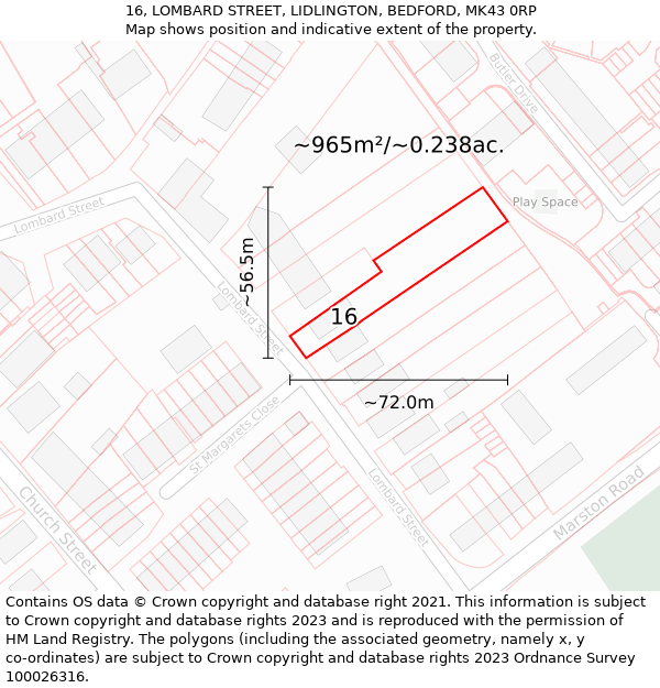 16, LOMBARD STREET, LIDLINGTON, BEDFORD, MK43 0RP: Plot and title map