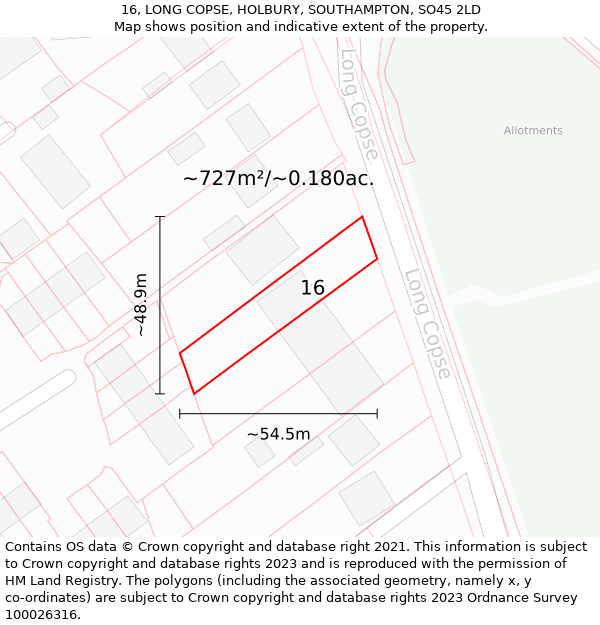 16, LONG COPSE, HOLBURY, SOUTHAMPTON, SO45 2LD: Plot and title map