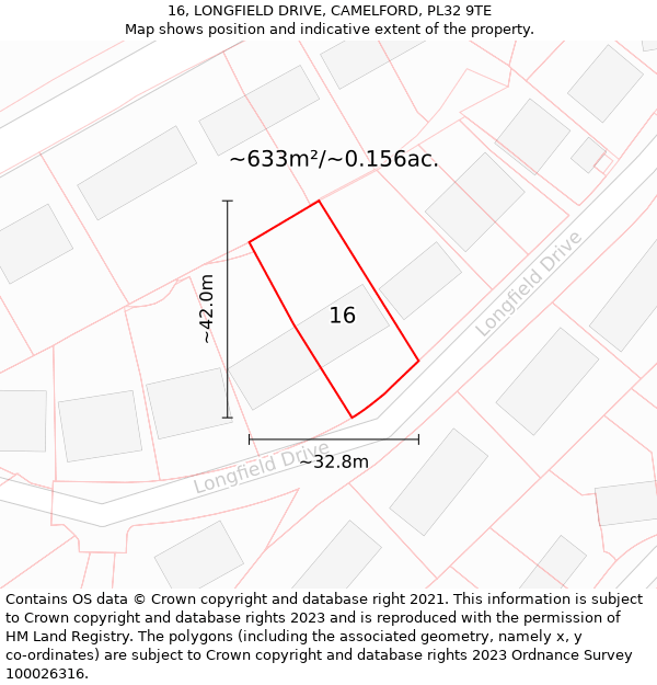 16, LONGFIELD DRIVE, CAMELFORD, PL32 9TE: Plot and title map