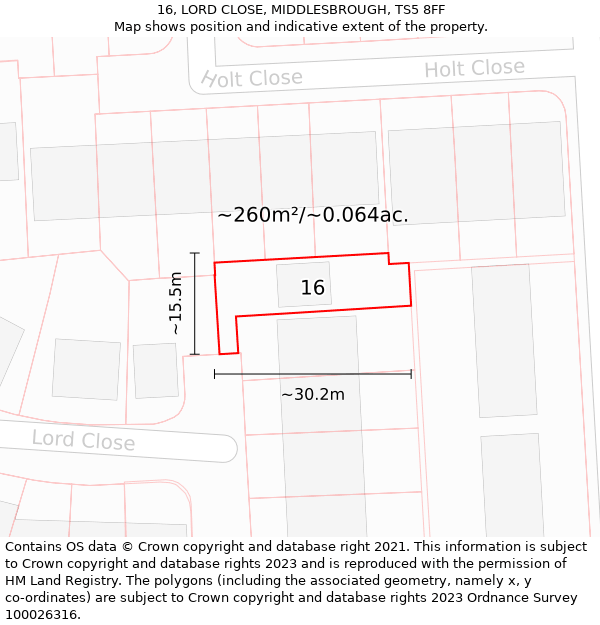 16, LORD CLOSE, MIDDLESBROUGH, TS5 8FF: Plot and title map