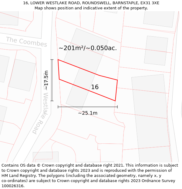 16, LOWER WESTLAKE ROAD, ROUNDSWELL, BARNSTAPLE, EX31 3XE: Plot and title map