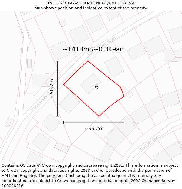 16, LUSTY GLAZE ROAD, NEWQUAY, TR7 3AE: Plot and title map