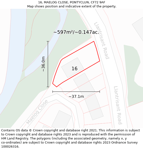 16, MAELOG CLOSE, PONTYCLUN, CF72 9AF: Plot and title map