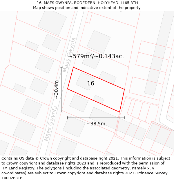 16, MAES GWYNFA, BODEDERN, HOLYHEAD, LL65 3TH: Plot and title map