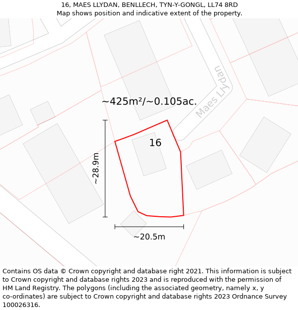 16, MAES LLYDAN, BENLLECH, TYN-Y-GONGL, LL74 8RD: Plot and title map