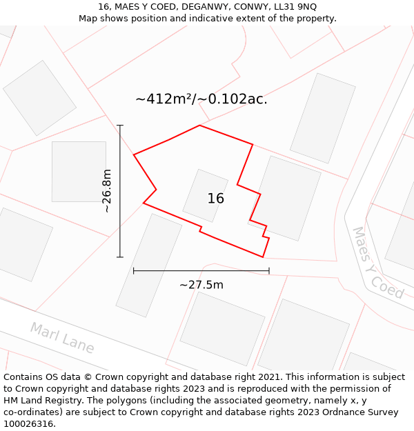 16, MAES Y COED, DEGANWY, CONWY, LL31 9NQ: Plot and title map