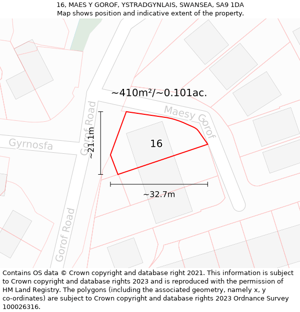 16, MAES Y GOROF, YSTRADGYNLAIS, SWANSEA, SA9 1DA: Plot and title map