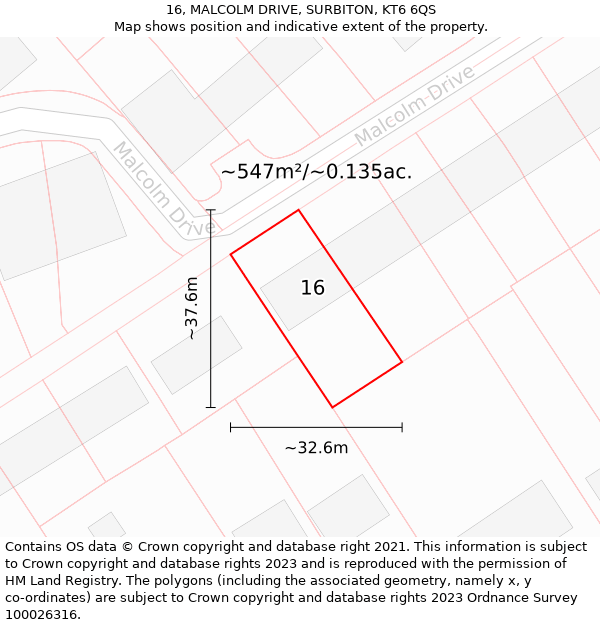 16, MALCOLM DRIVE, SURBITON, KT6 6QS: Plot and title map