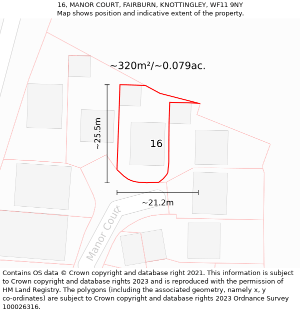 16, MANOR COURT, FAIRBURN, KNOTTINGLEY, WF11 9NY: Plot and title map