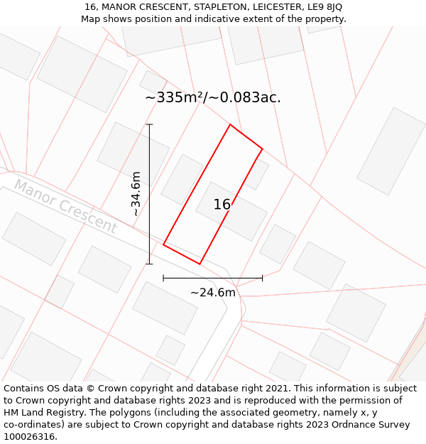 16, MANOR CRESCENT, STAPLETON, LEICESTER, LE9 8JQ: Plot and title map