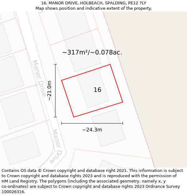 16, MANOR DRIVE, HOLBEACH, SPALDING, PE12 7LY: Plot and title map