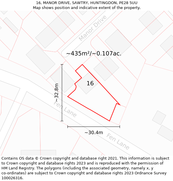 16, MANOR DRIVE, SAWTRY, HUNTINGDON, PE28 5UU: Plot and title map