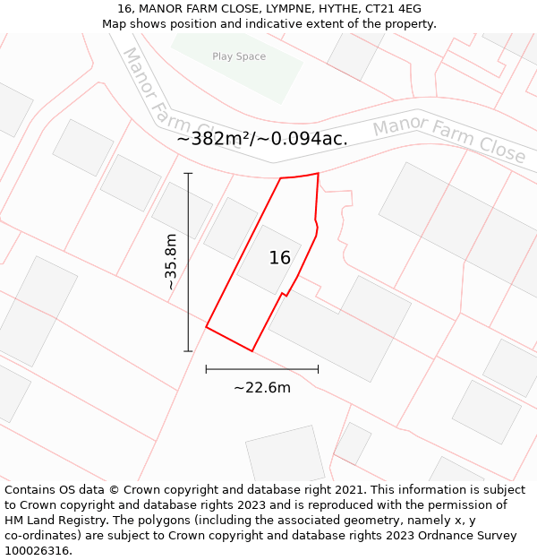 16, MANOR FARM CLOSE, LYMPNE, HYTHE, CT21 4EG: Plot and title map