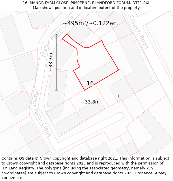 16, MANOR FARM CLOSE, PIMPERNE, BLANDFORD FORUM, DT11 8XL: Plot and title map