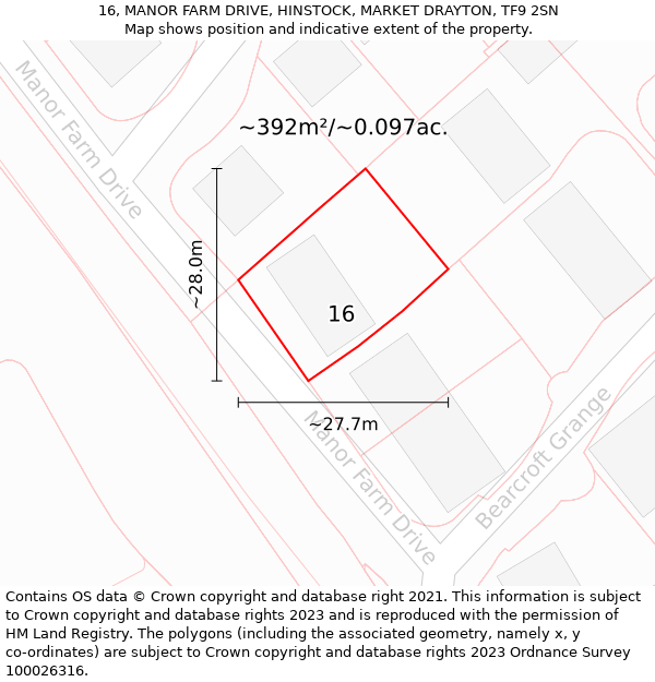 16, MANOR FARM DRIVE, HINSTOCK, MARKET DRAYTON, TF9 2SN: Plot and title map