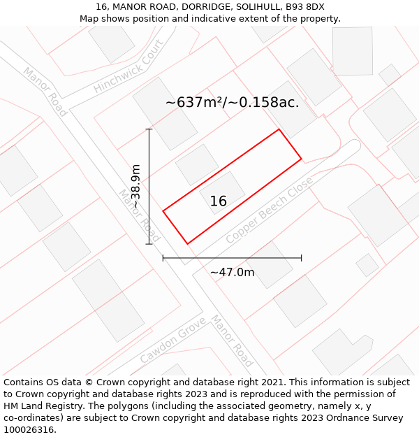 16, MANOR ROAD, DORRIDGE, SOLIHULL, B93 8DX: Plot and title map