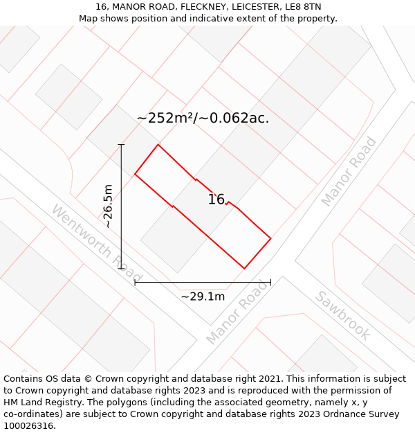 16, MANOR ROAD, FLECKNEY, LEICESTER, LE8 8TN: Plot and title map