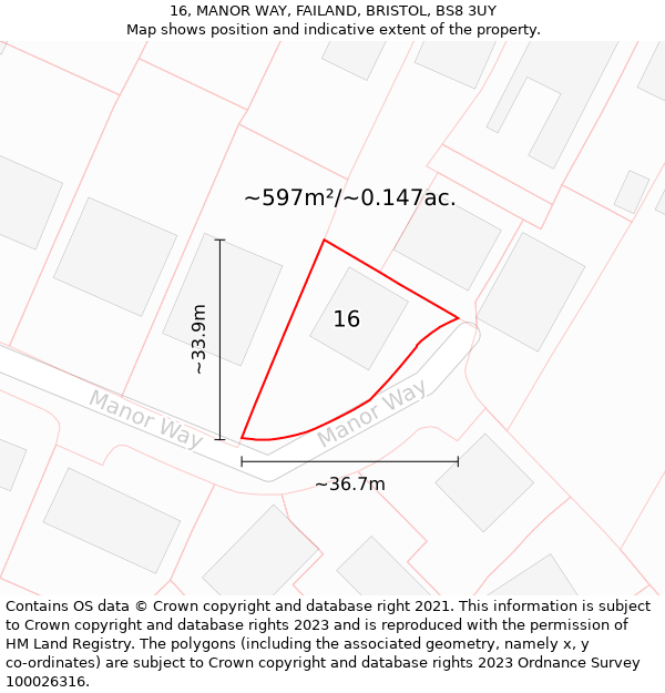 16, MANOR WAY, FAILAND, BRISTOL, BS8 3UY: Plot and title map