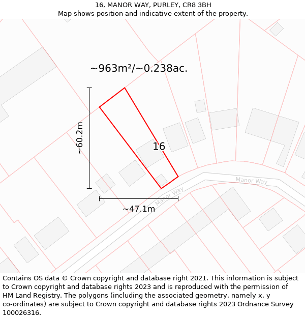 16, MANOR WAY, PURLEY, CR8 3BH: Plot and title map