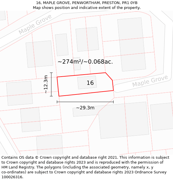 16, MAPLE GROVE, PENWORTHAM, PRESTON, PR1 0YB: Plot and title map