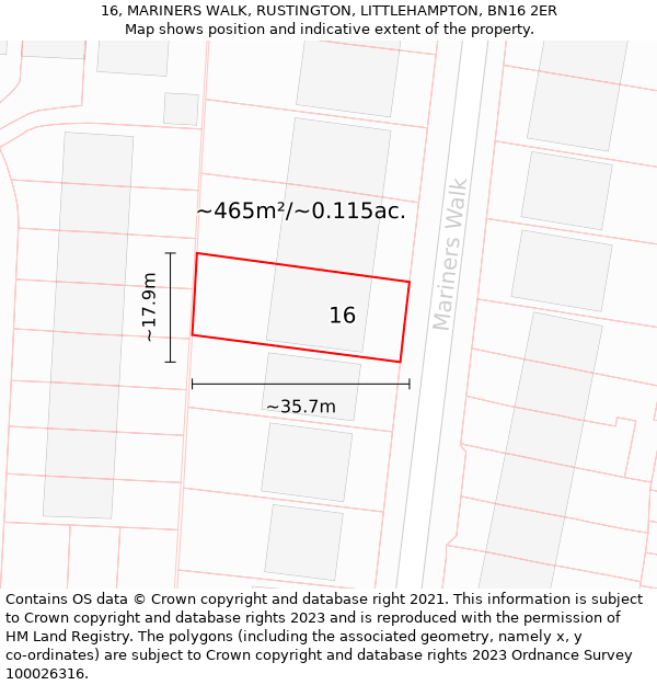16, MARINERS WALK, RUSTINGTON, LITTLEHAMPTON, BN16 2ER: Plot and title map