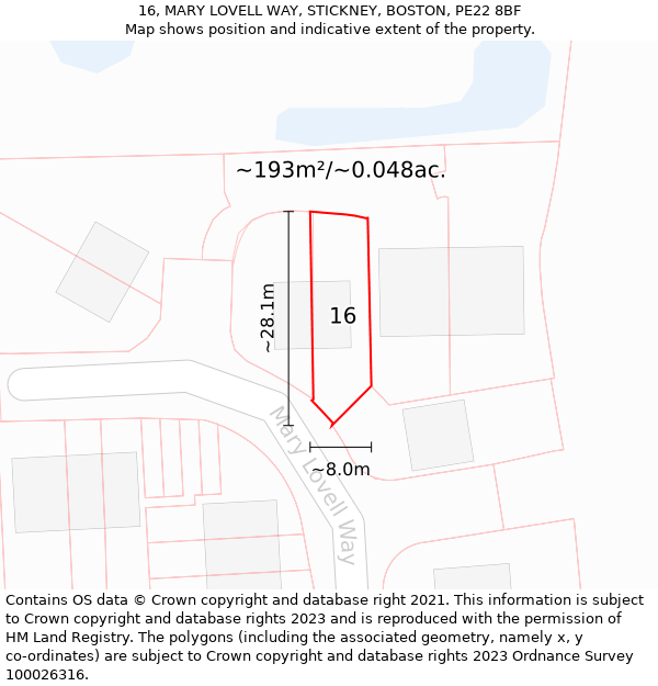 16, MARY LOVELL WAY, STICKNEY, BOSTON, PE22 8BF: Plot and title map