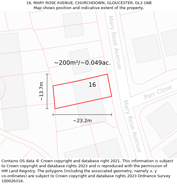 16, MARY ROSE AVENUE, CHURCHDOWN, GLOUCESTER, GL3 1NB: Plot and title map